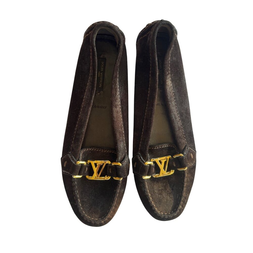 Louis Vuitton Women's Dark Brown Suede Loafers With Gold LV Emblem Size 6.5